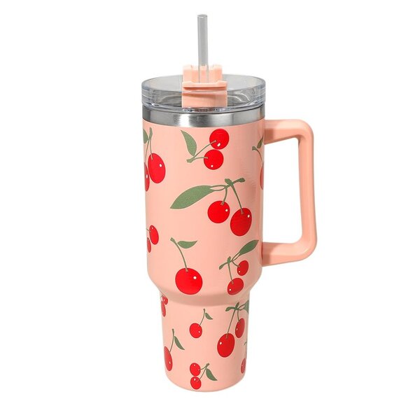 40 oz NEW Cherry Print Stainless Steel Hot Cold Travel Mug Tumbler Cup Mug - Picture 3 of 6